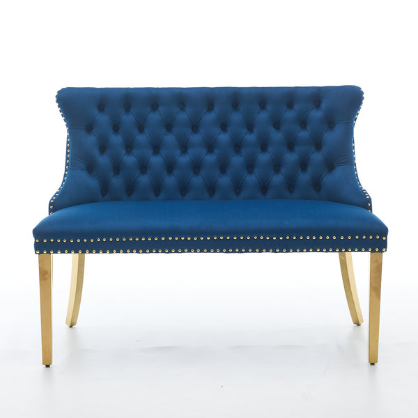 English Elm Velvet Wingback Dining Bench Tufted Two Seat Mid Century Modern Brushed Steel Base Blue W1143P406979