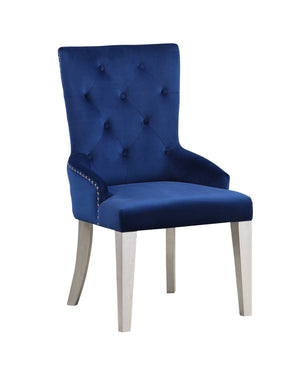 English Elm Blue Velvet Chair Button-Tufted Nailhead Trim with Pull Ring, Padded Arms & Tapered Wood Legs — Luxury Dining Seat B2741P330118