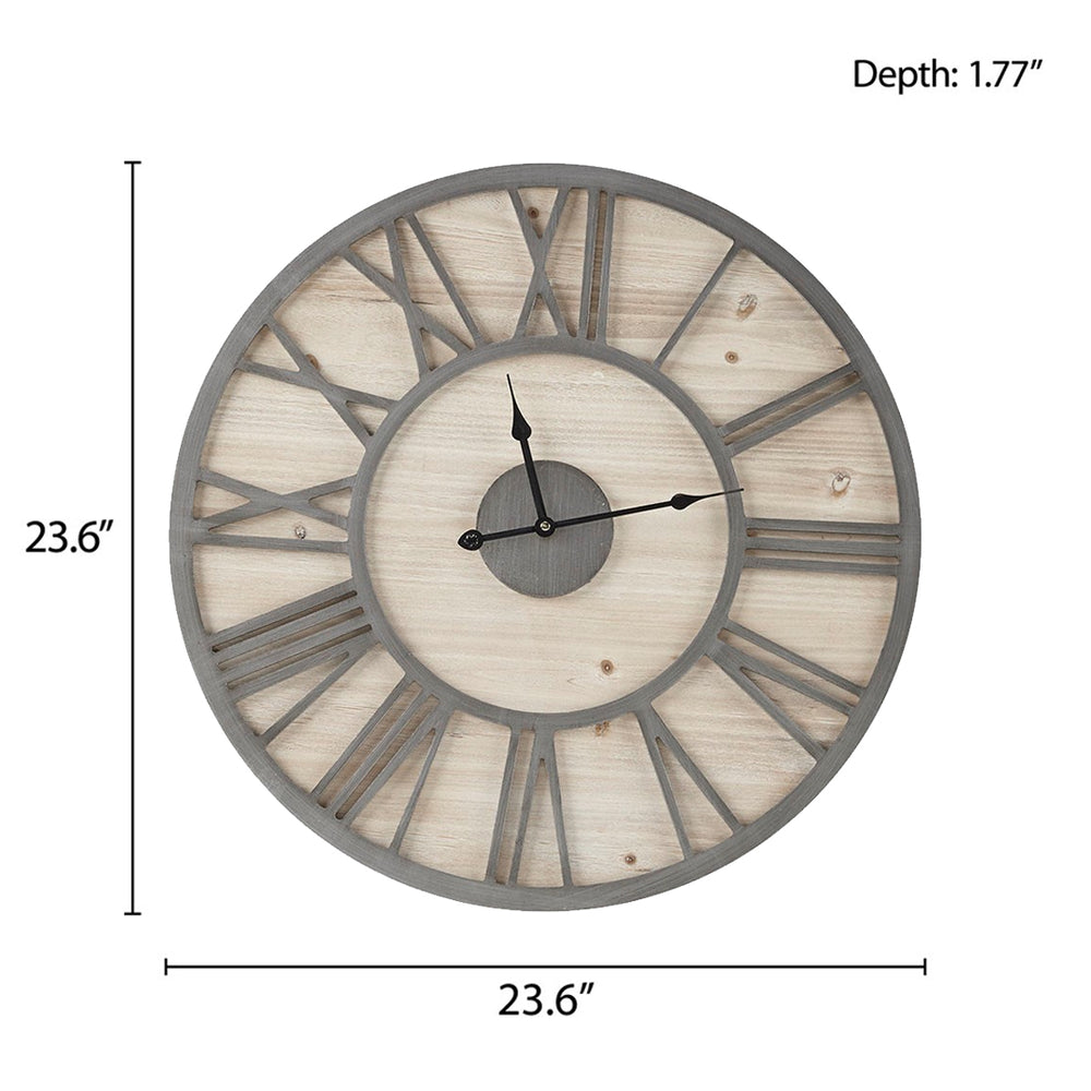 JLA Home Madison Park - 23.6" Wood Wall Clock—Oversized Farmhouse Roman Numerals, Natural Wood-Grain Face & Grey Metal Frame MP95D-0239