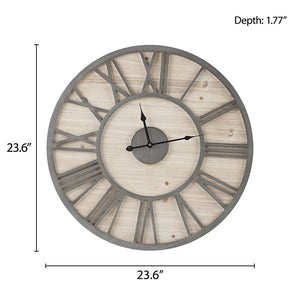 JLA Home Madison Park - 23.6" Wood Wall Clock—Oversized Farmhouse Roman Numerals, Natural Wood-Grain Face & Grey Metal Frame MP95D-0239