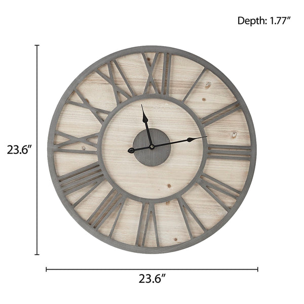 JLA Home Madison Park - 23.6" Wood Wall Clock—Oversized Farmhouse Roman Numerals, Natural Wood-Grain Face & Grey Metal Frame MP95D-0239