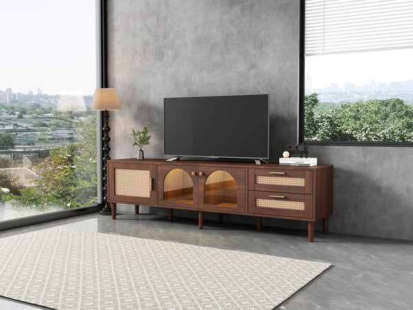 English Elm 70 Inch Rattan Media Console with Led Lighting Two Drawers Glass Storage Modern Living Room N710P396852P