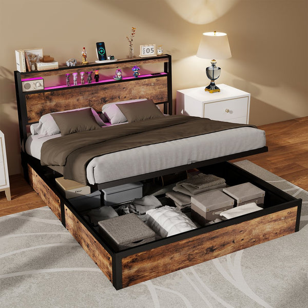 English Elm Full Size Industrial Metal Storage Bed with Hydraulic Lift Rgb Lighting and Usb Charging T3963P437369