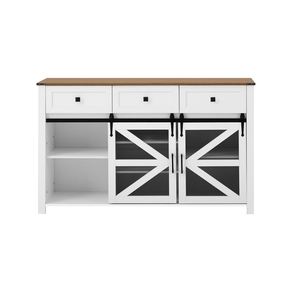 English Elm U_style Industrial Sideboard with Sliding Barn Doors Iron Mesh Panels and Three Drawers White N711P347384K