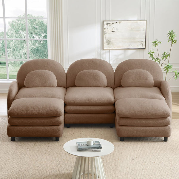 English Elm Teddy Fleece Modular Cloud Sofa Plush Three Seat Sectional with Movable Ottomans Camel W5656S00106