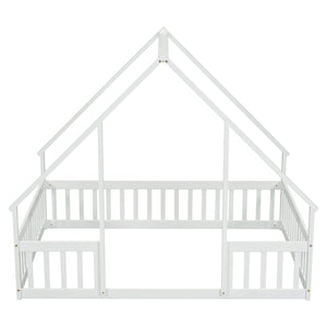 English Elm Full House-Shaped Floor Bed with Fence and Guardrails, Pine Wood Play Loft for Imaginative Kids Retreat White W504P143294