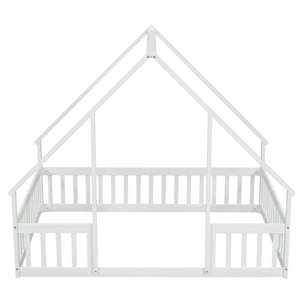 English Elm Full House-Shaped Floor Bed with Fence and Guardrails, Pine Wood Play Loft for Imaginative Kids Retreat White W504P143294