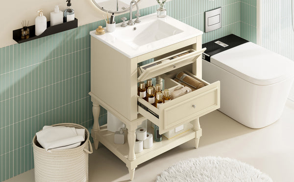 English Elm 24'' Retro Bathroom Vanity Mdf Cabinet with Ceramic Sink Open Shelf and 2 Drawers Beige N710P405414Y