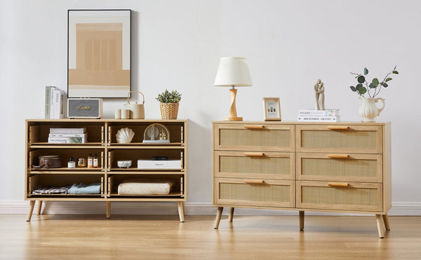 English Elm Bedroom Dresser: Versatile 6-Drawer Rattan Chest For Kids' Rooms & Hallways - Natural Wood Finish! W1162P190401