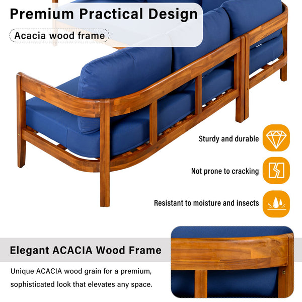 English Elm U_style Acacia Wood Outdoor L Shaped Corner Sofa Set with Arc Frame and Cushions Blue WY000481AAC