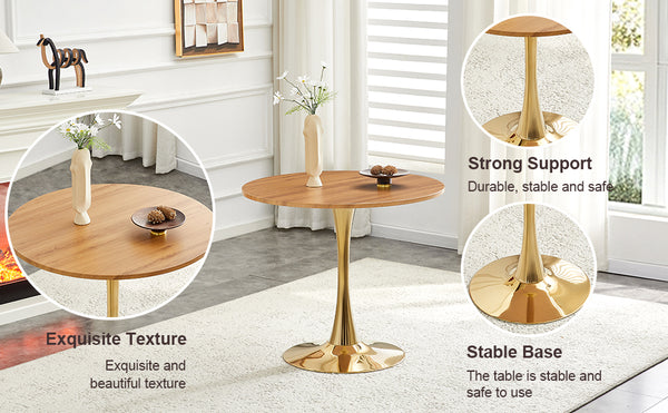 English Elm Round Faux Marble Tulip Pedestal Dining Table Mid Century Modern for Small Bistro Spaces Gold,Wood W2920P401552