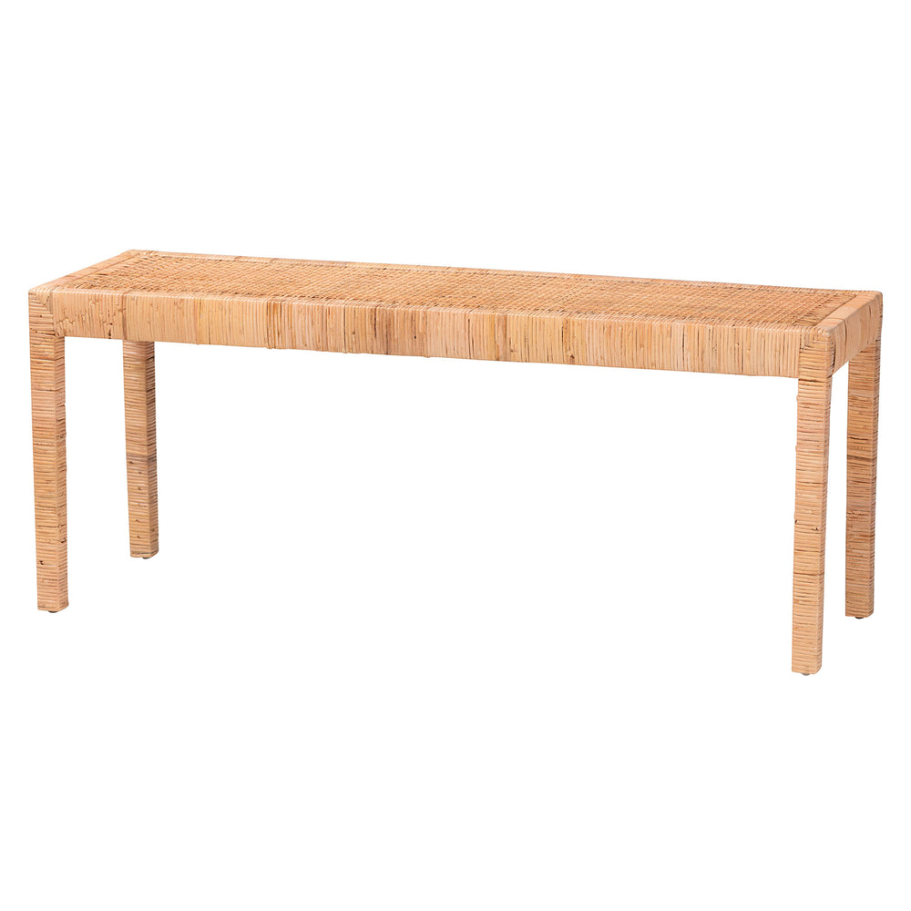 English Elm Modern Mahogany Rattan Woven Entryway Bench with Foam Padded Upholstered Seat B2750P467656