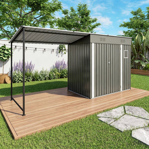 English Elm 12x4ft Steel Lean to Shed with Open Pergola Combo Backyard Storage and Shaded Patio W3213S00011