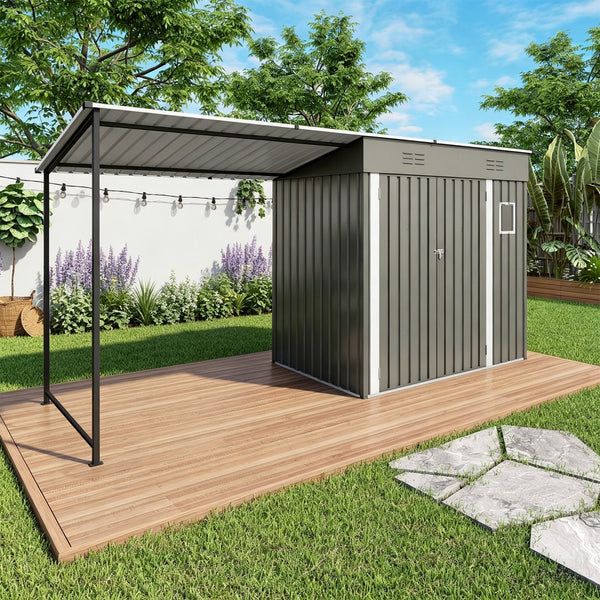 English Elm 12x4ft Steel Lean to Shed with Open Pergola Combo Backyard Storage and Shaded Patio W3213S00011
