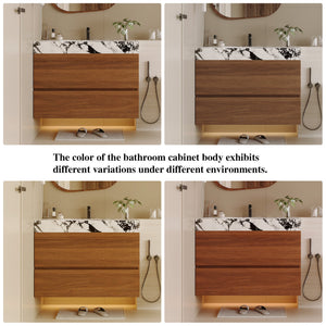 English Elm 29.9" Floating Bathroom Vanity Sintered Stone Top Soft Close Drawers Bronze Gold Hardware W3136S00040
