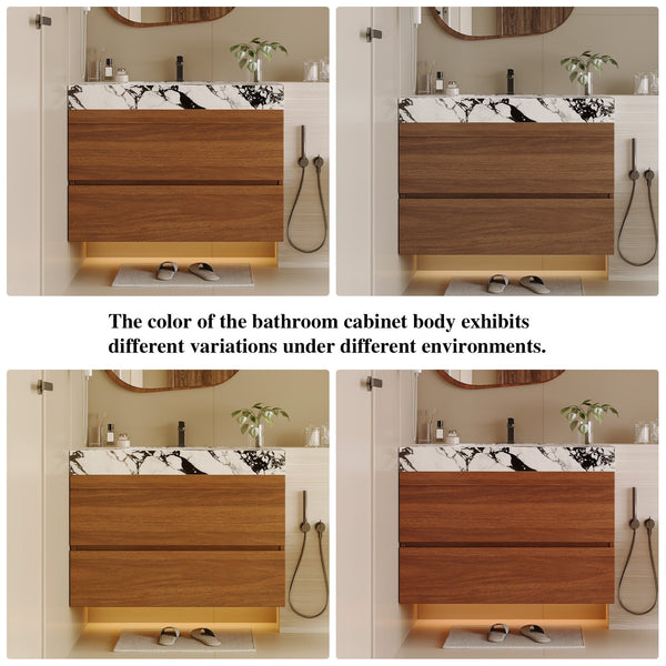 English Elm 29.9" Floating Bathroom Vanity Sintered Stone Top Soft Close Drawers Bronze Gold Hardware W3136S00040