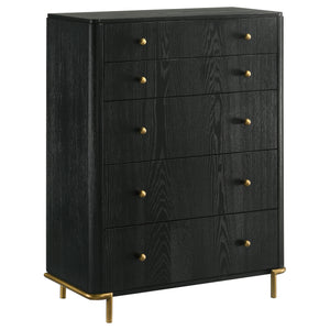 English Elm Anser Modern 5-Drawer Chest: Elegant Black Woodgrain Storage With Gold Accents For Any Bedroom B062P358456