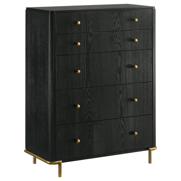 English Elm Anser Modern 5-Drawer Chest: Elegant Black Woodgrain Storage With Gold Accents For Any Bedroom B062P358456