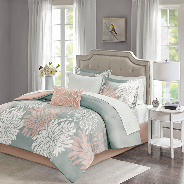 JLA Home Madison Park Essentials - 9 Piece Comforter Set with Cotton Sheets, Floral Blush Grey Microfiber Comforter, Antimicrobial, Soft MPE10-863