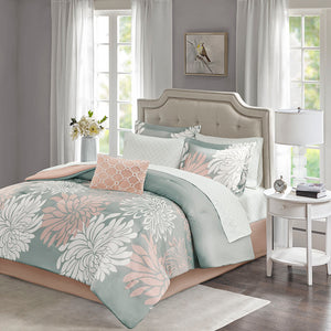 JLA Home Madison Park Essentials - 7 Floral Comforter Set with Cotton Sheets, Microfiber Comforter, Embroidered Pillow, Antimicrobial Freshness 86 L x 78 W x 1.5H MPE10-860