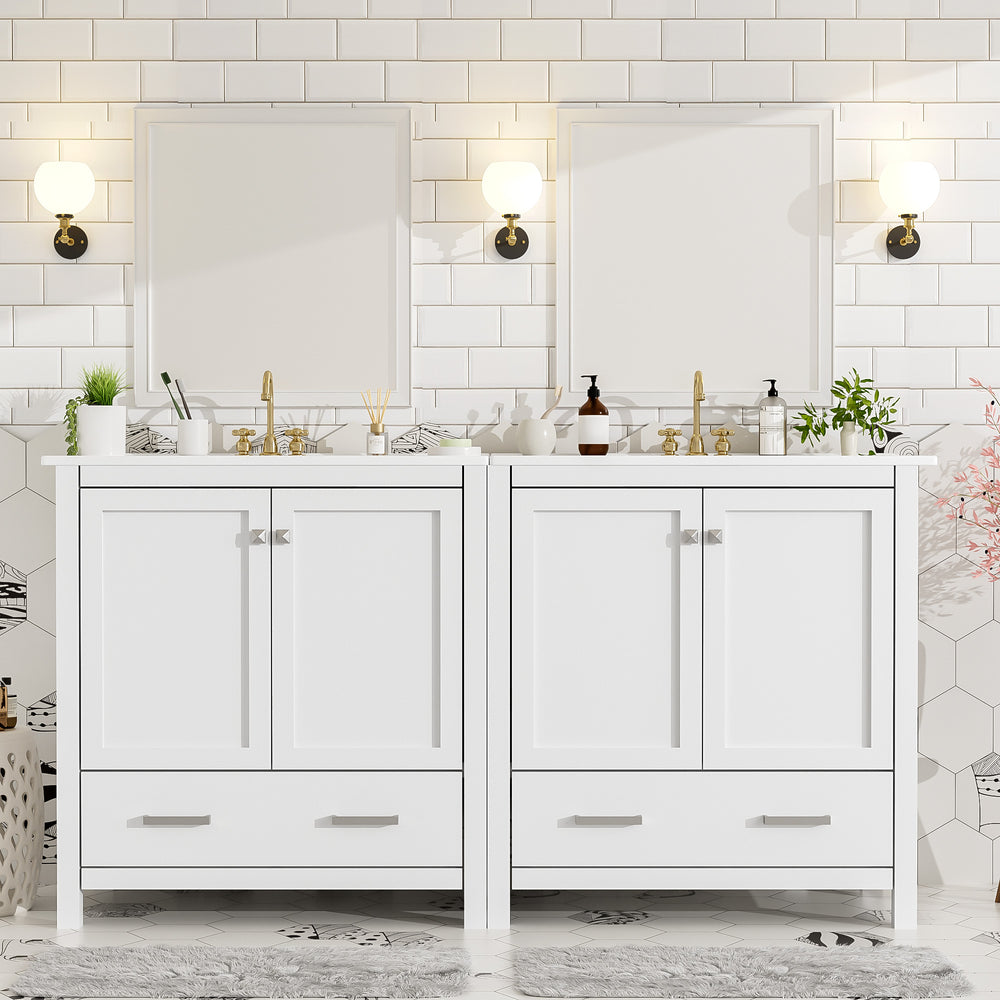 English Elm Modern 48 Inch Freestanding Bathroom Vanity Dual Ceramic Sinks Soft Close Gold Handles White N729P000001K