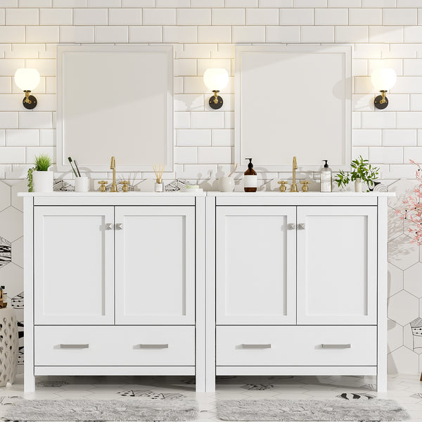 English Elm Modern 48 Inch Freestanding Bathroom Vanity Dual Ceramic Sinks Soft Close Gold Handles White N729P000001K