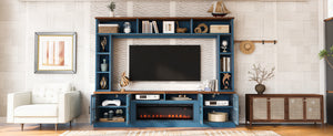 English Elm U-can Modern Farmhouse Wall Unit with Electric Fireplace Bookshelves and Glass Cabinet Doors Navy Blue SJ000153AAN