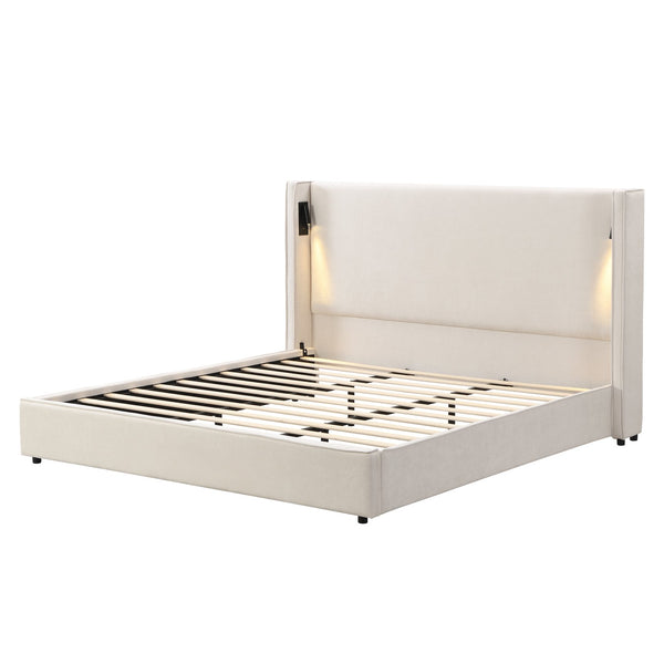 English Elm California King Wingback Linen Bed with Built-in Reading Lamp and Usb Charging Port N757P386661B