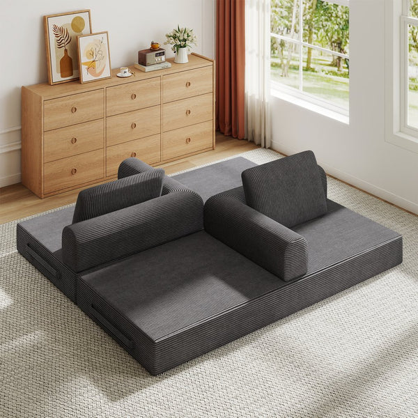 English Elm Convertible Corduroy Sleeper Sofa Foldable Three Seat Couch for Studio or Bedroom Dark Gray W3366P447131