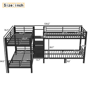 English Elm Twin L-shaped Steel Bunk Bed with Built-in Shelving and Full Guardrails Matte Black W1580S00439