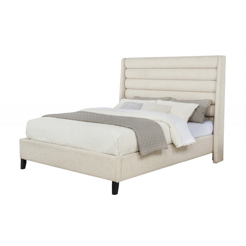 English Elm Upholstered Queen Platform Bed with Rolled Channel Tufted Headboard, Beige Polyester, No Box Spring Needed B011S01963