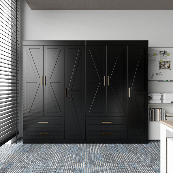 English Elm Shaker Three Door Wardrobe Armoire with Hanging Rod and Shelves for Bedroom Black T3210S00006