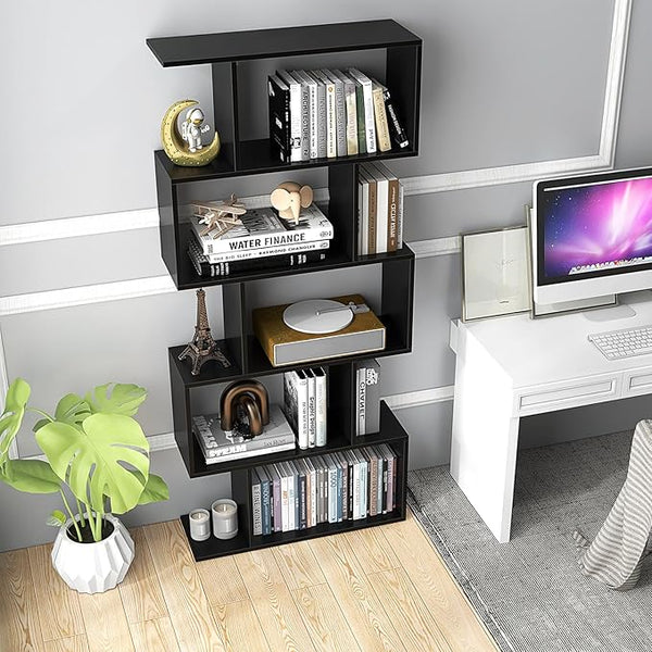 English Elm Five tier minimalist white bookshelf with five shelves for modern storage, durable engineered wood design Black W2139P288171