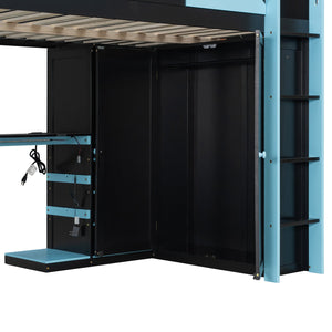 English Elm Full Size Loft Bed with Rgb Lighting Usb Charging Desk Wardrobe and Storage Shelves Blue LT000387AAC