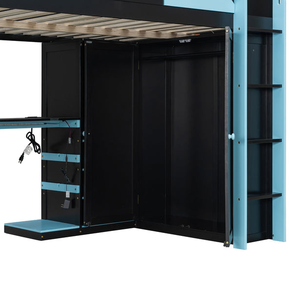English Elm Full Size Loft Bed with Rgb Lighting Usb Charging Desk Wardrobe and Storage Shelves Blue LT000387AAC