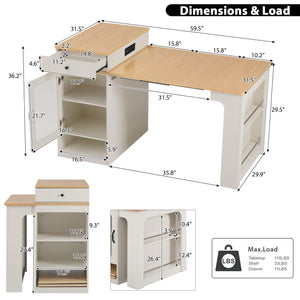 English Elm K&K Modern Extendable 59.5" Kitchen Island with Double-Sided Storage, Power Outlet & Casters White N707S000017W