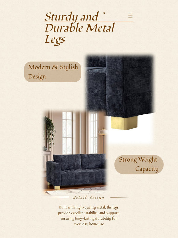 English Elm FX-P54-BK Plush Chenille Sofa with Metallic Legs, Subtle Glamour, Durable Velvet Feel for Living Room Black W576S00169