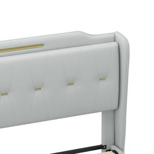 English Elm Christopher Knight Home® - King PU Leather Bed Frame with Wingback Headboard & Footboard, Gold Accents, Platform Slat Support, Elegant Design Grey 77.5 L x 21 W x 5.25 H N761S0000012E