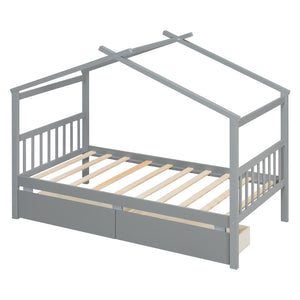 English Elm Twin House Bed Solid Pine Kids Cottage Frame with Storage Drawers Imaginative Room Gray N708P309245E