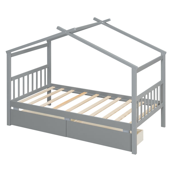 English Elm Twin House Bed Solid Pine Kids Cottage Frame with Storage Drawers Imaginative Room Gray N708P309245E