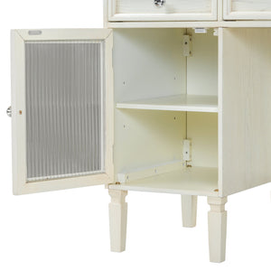English Elm 2-in-1 Vanity Desk with Flip Mirror and Ample Storage — White Oak Dressing Table & Workstation N844P292487E