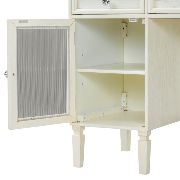 English Elm 2-in-1 Vanity Desk with Flip Mirror and Ample Storage — White Oak Dressing Table & Workstation N844P292487E