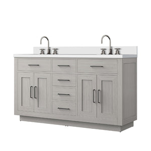 English Elm White Oak Double Bath Vanity - 60" W X 22" D, White Quartz Top & Chrome Faucet Set For Modern Homes B2731P257767-GIGA