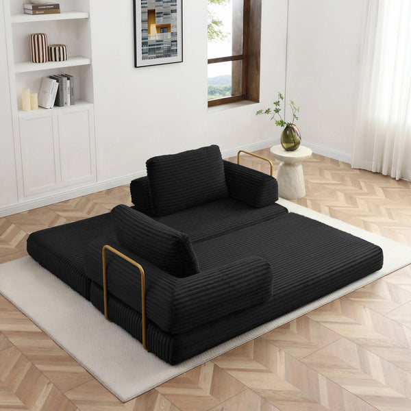 English Elm Convertible Floor Sofa Futon with Corduroy Upholstery for Living Room Lounging and Sleeping Black W1117P434730