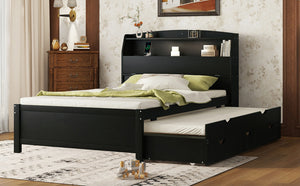 English Elm Full Size Wooden Led Platform Bed With Trundle, Storage Headboard & Usb Charging In Espresso Finish N820S10009D