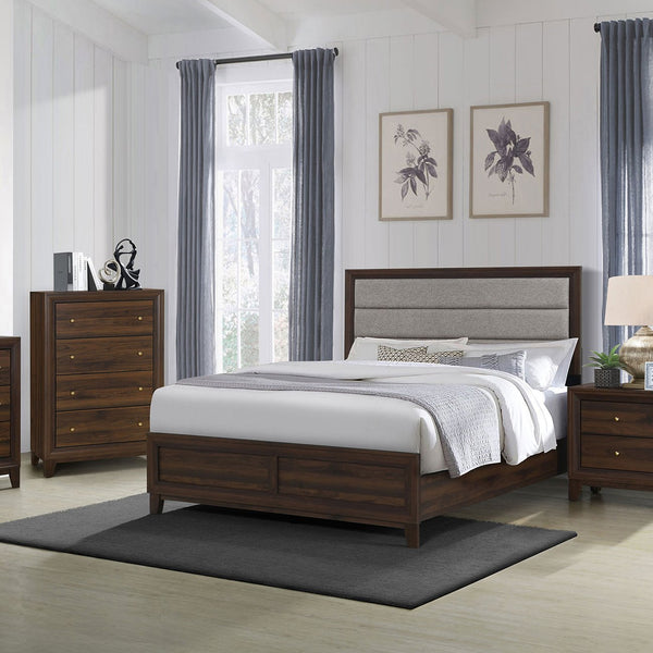 English Elm Anza Walnut Upholstered Queen Bed with Padded Headboard, Durable Laminate Finish, Scuff-Resistant Style B062S01312