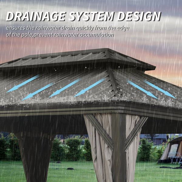 English Elm 10' X 14' Hardtop Gazebo - Durable Metal Shelter With Drainage, Curtains, And Insect Netting For Outdoor Fun W1859S00136