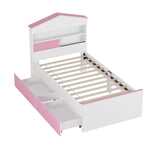 English Elm Twin Size House-Shaped Wooden Bed With Storage Shelf On The Headboard, Built-In Two Storage Drawers, Pink