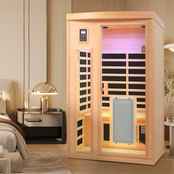 English Elm Low Emf Two Person Hemlock Far Infrared Sauna with Glass Door Heating Panels W632P501524