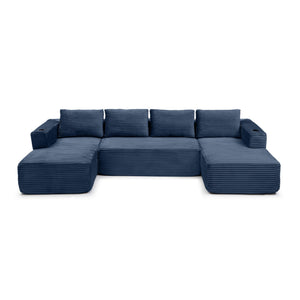 English Elm 132" Modular U-shaped Cloud Sectional Corduroy Deep Seat Sofa with Cupholders W1117S00345